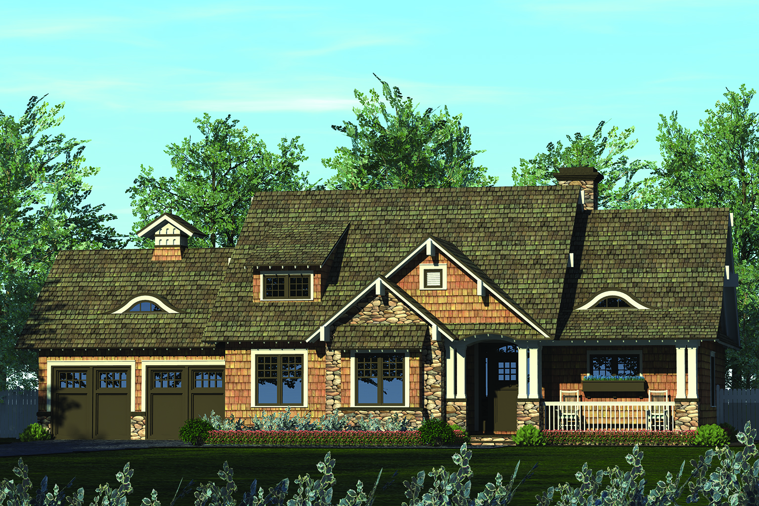 Front elevation of Craftsman home (ThePlanCollection: House Plan #180-1045)