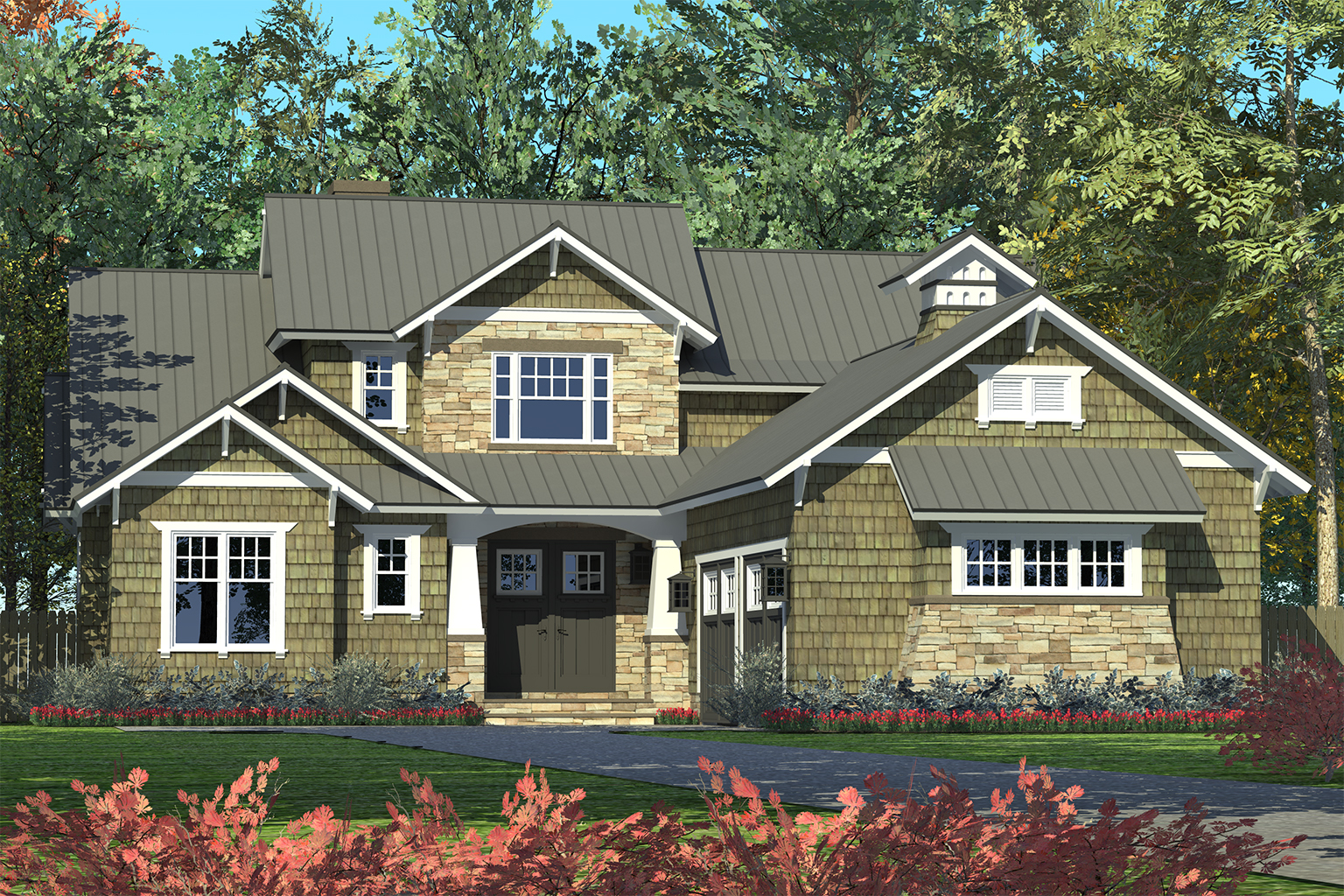 Front elevation of Craftsman home (ThePlanCollection: House Plan #180-1046)