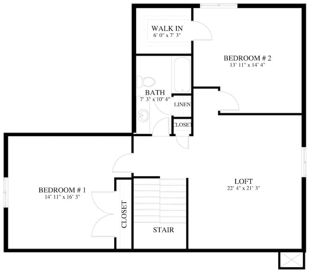 Floor Plan Upper Level of Bungalow Plan #187-1162