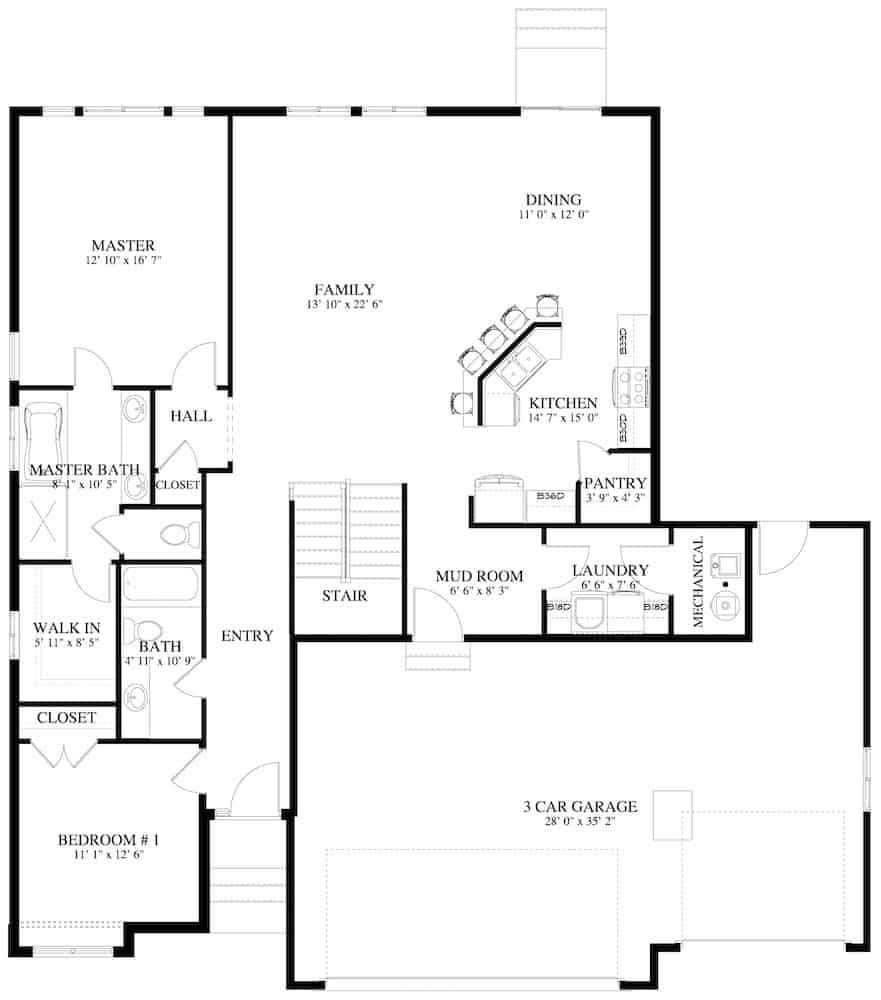 Floor Plan Main Level of Farmhouse Plan #187-1162