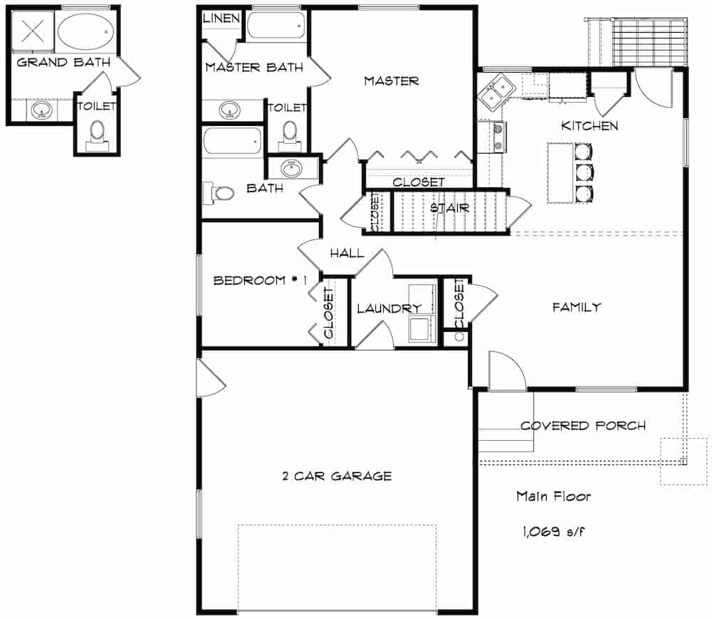 Floor Plan Main Level of Ranch Plan #187-1164
