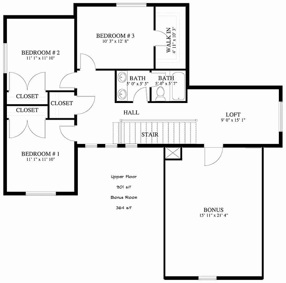 Upper Level of Farmhouse Plan #187-1168