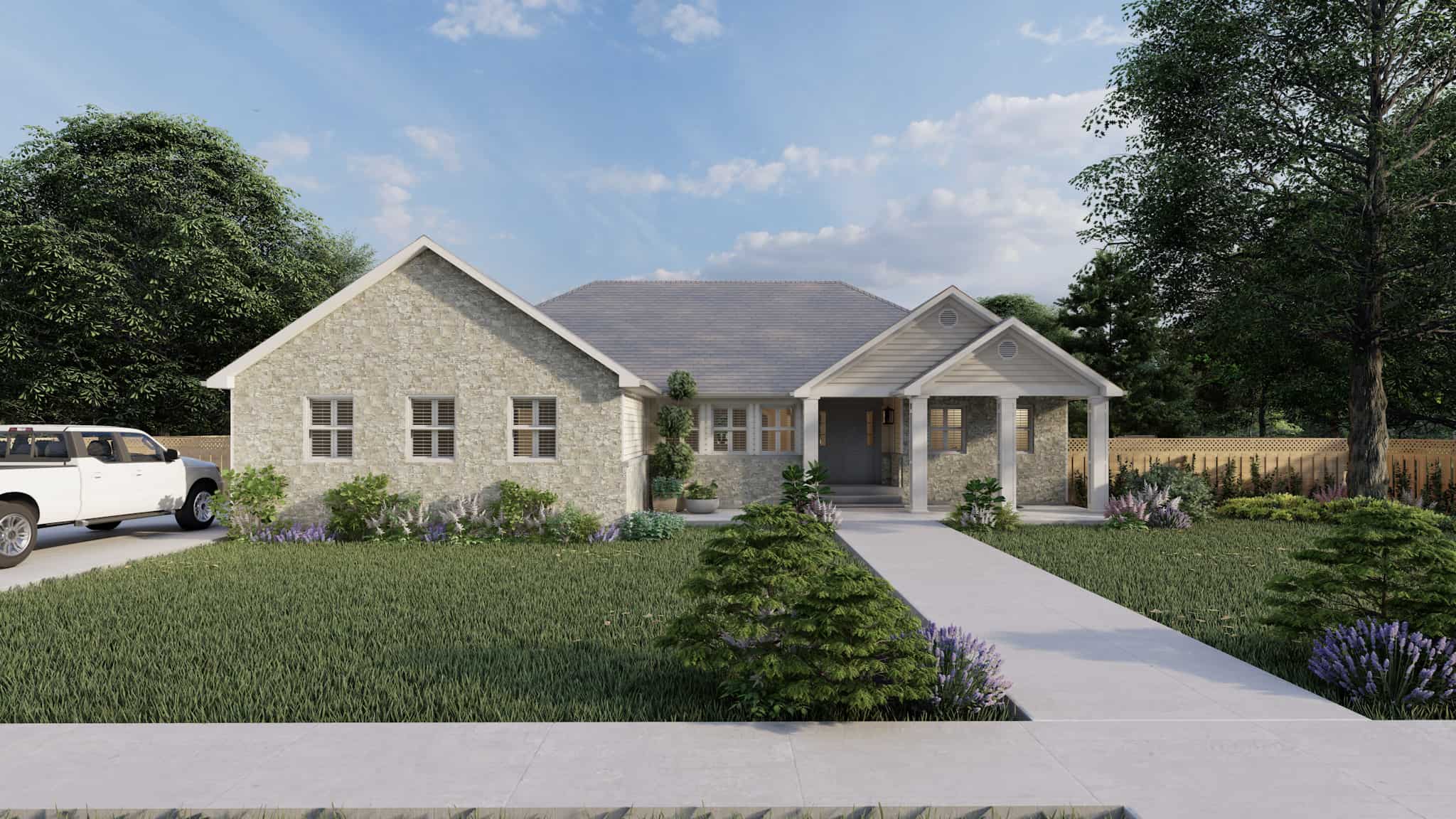 Front elevation of Ranch home (ThePlanCollection: House Plan #187-1185)