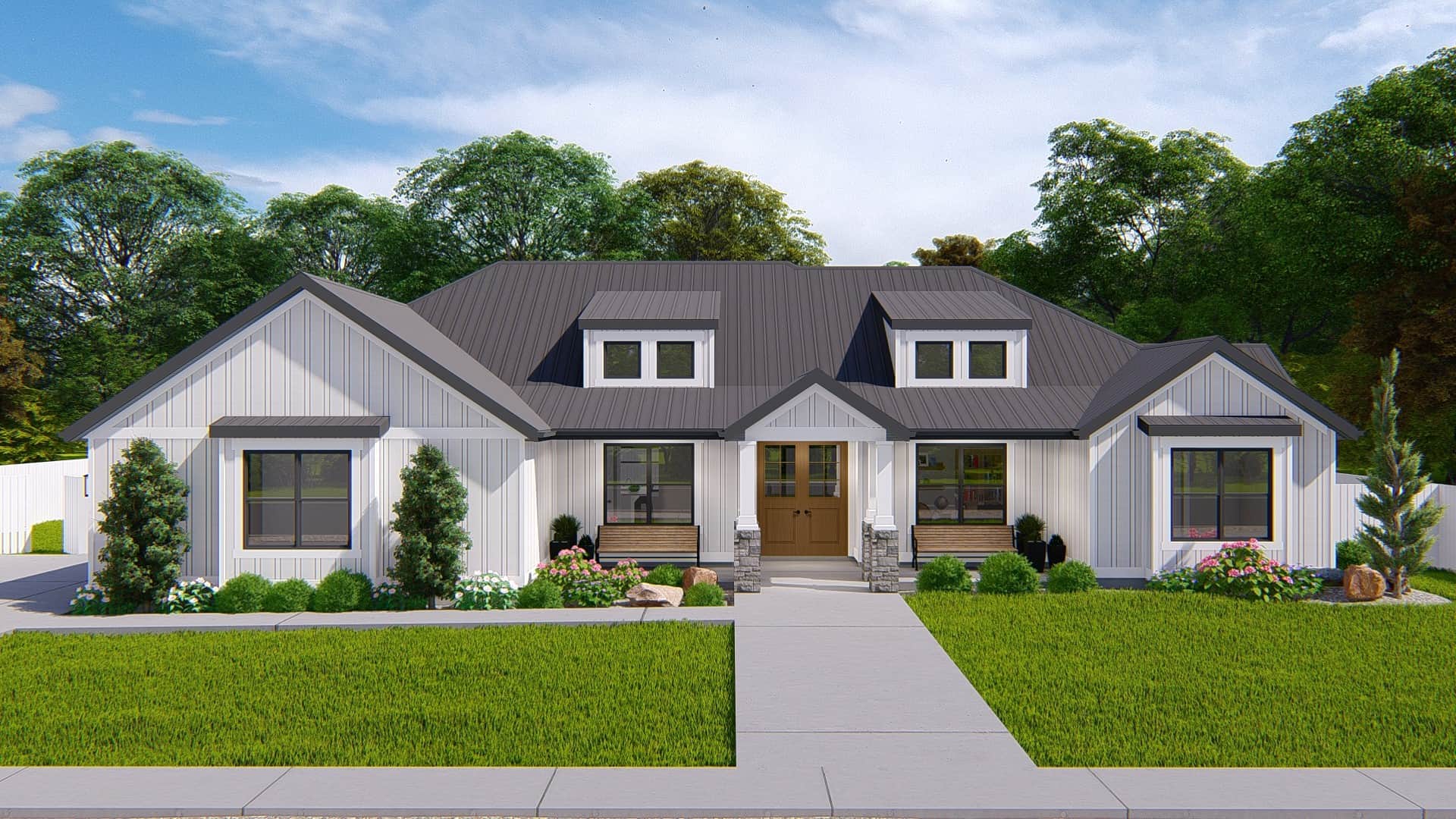 Front elevation of Ranch home (ThePlanCollection: House Plan #187-1193)