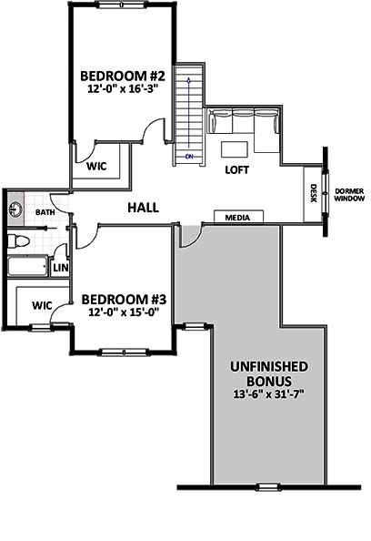 Floor Plan Second Story of Craftsman Plan #189-1103