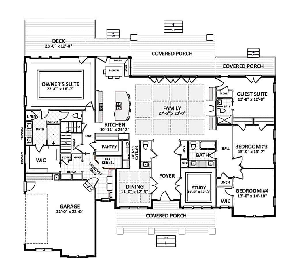 Floor Plan Main Level of Ranch Plan #189-1116