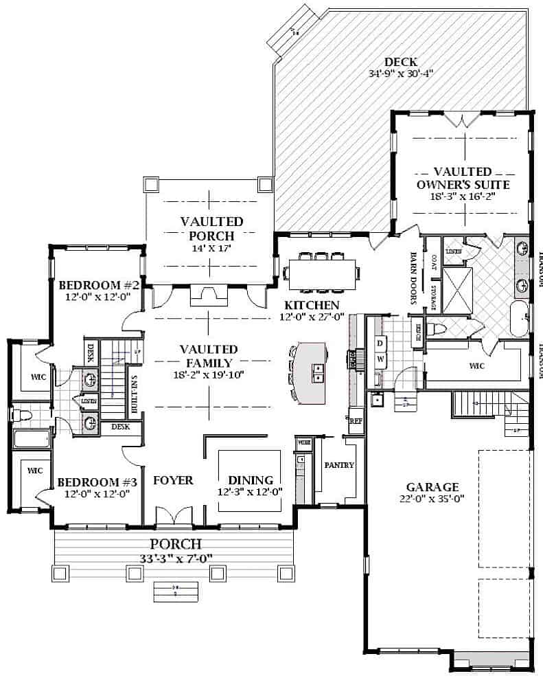 Floor Plan Main Level of Farmhouse Plan #189-1125