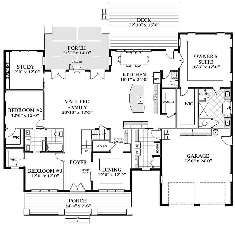 Floor Plan Main Level of Farmhouse Plan #189-1128