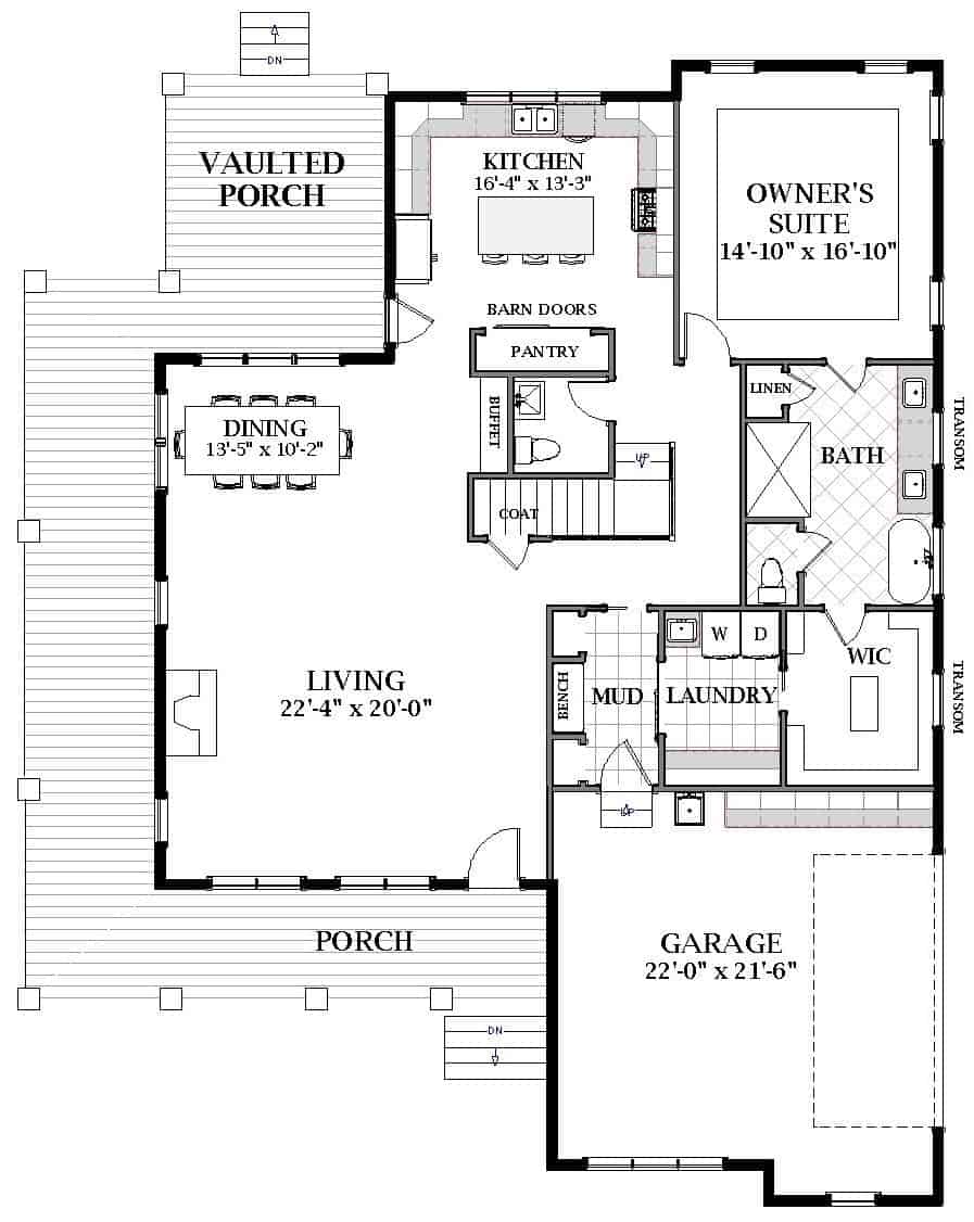 Floor Plan Main Level of Farmhouse Plan #189-1130