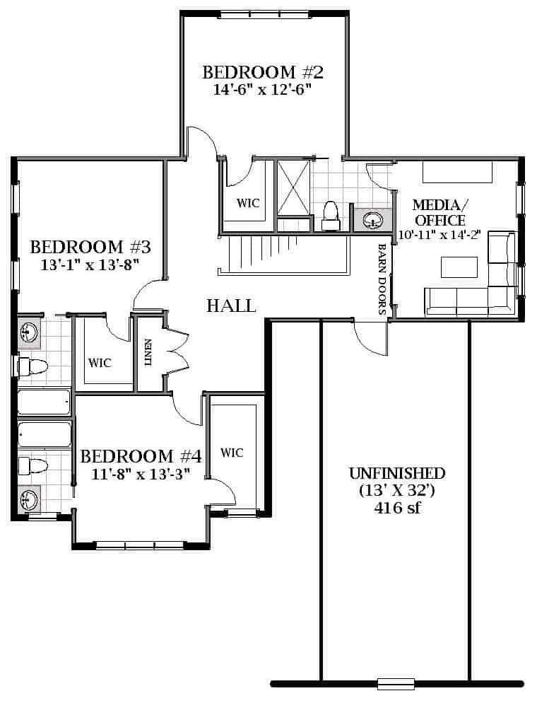 Floor Plan Upper Level of Farmhouse Plan #189-1130