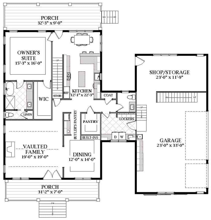 Floor Plan Main Level of Farmhouse Plan #189-1131