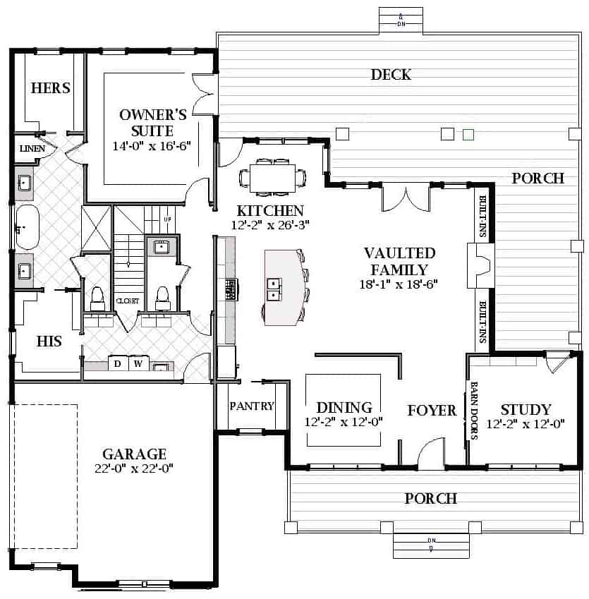 Floor Plan Main Level of Farmhouse Plan #189-1132