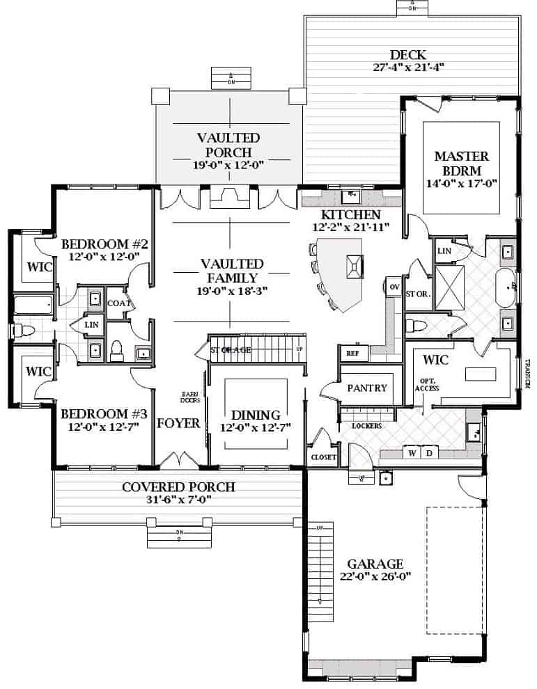 Floor Plan Main Level of Farmhouse Plan #189-1133