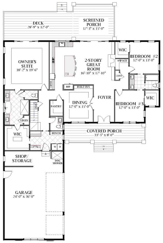 Floor Plan Main Level of Farmhouse Plan #189-1136