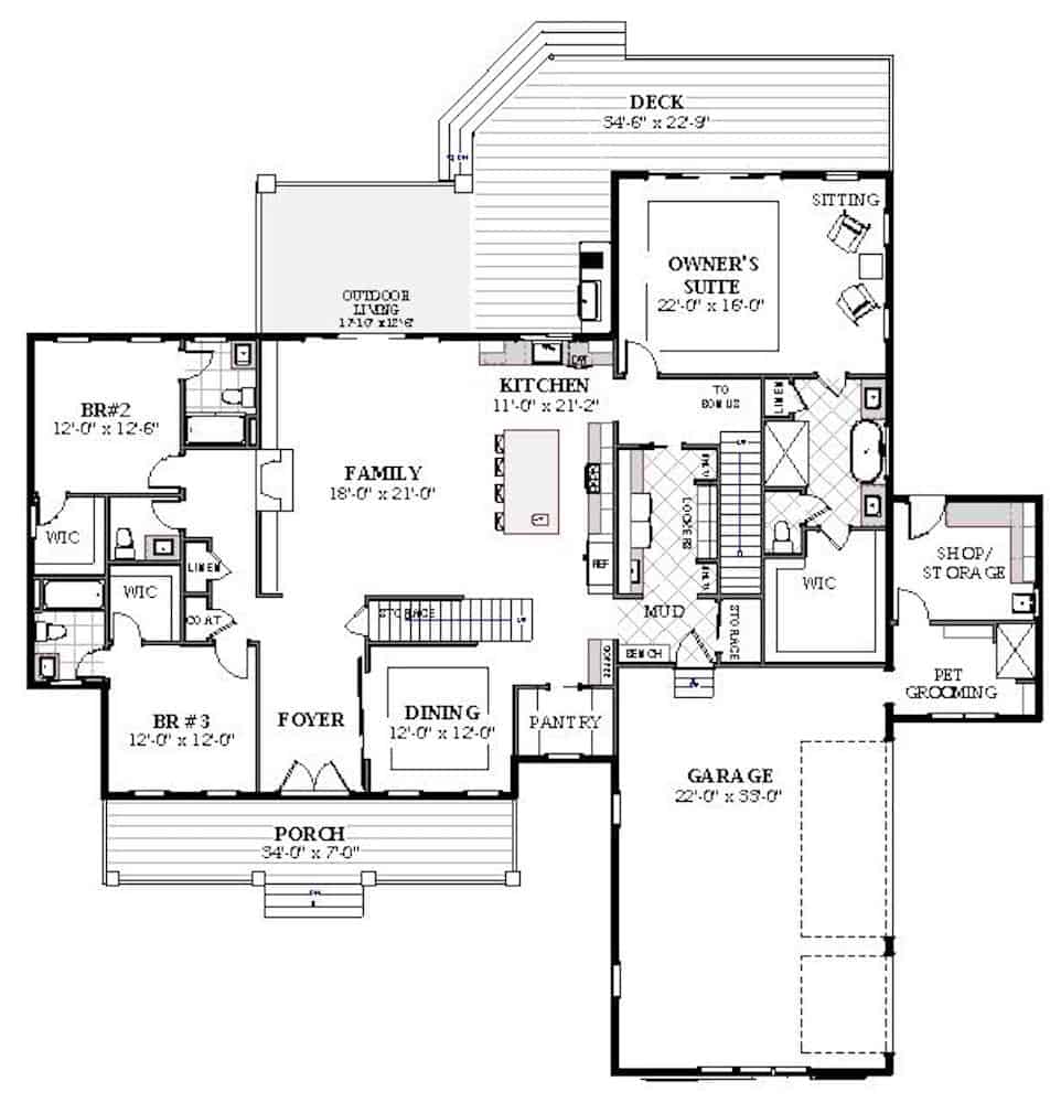 Floor Plan Main Level of Ranch Plan #189-1137