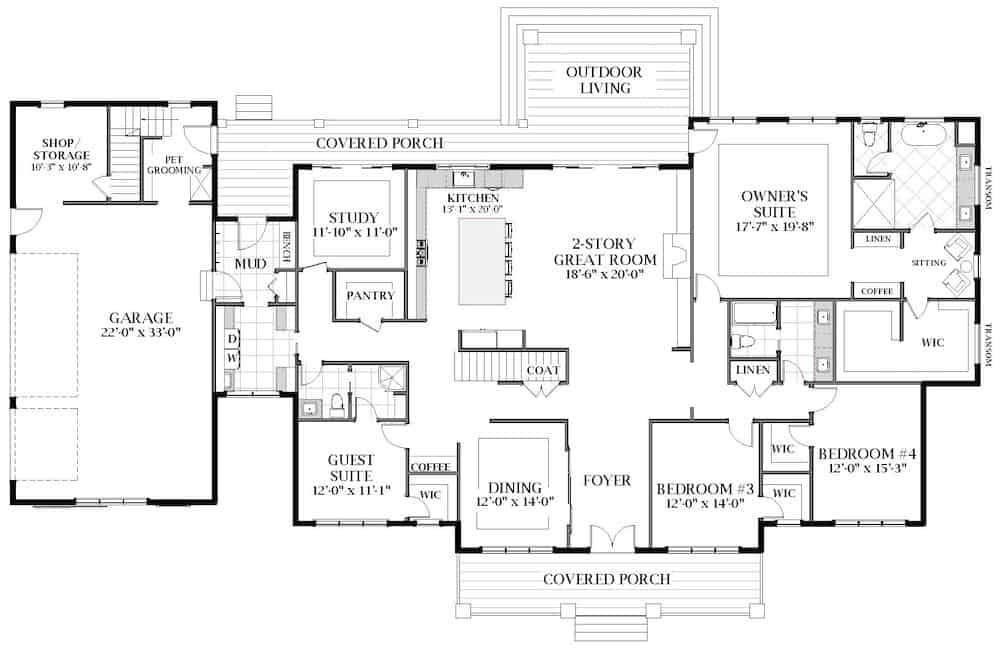 Floor Plan Main Level of Farmhouse Plan #189-1138