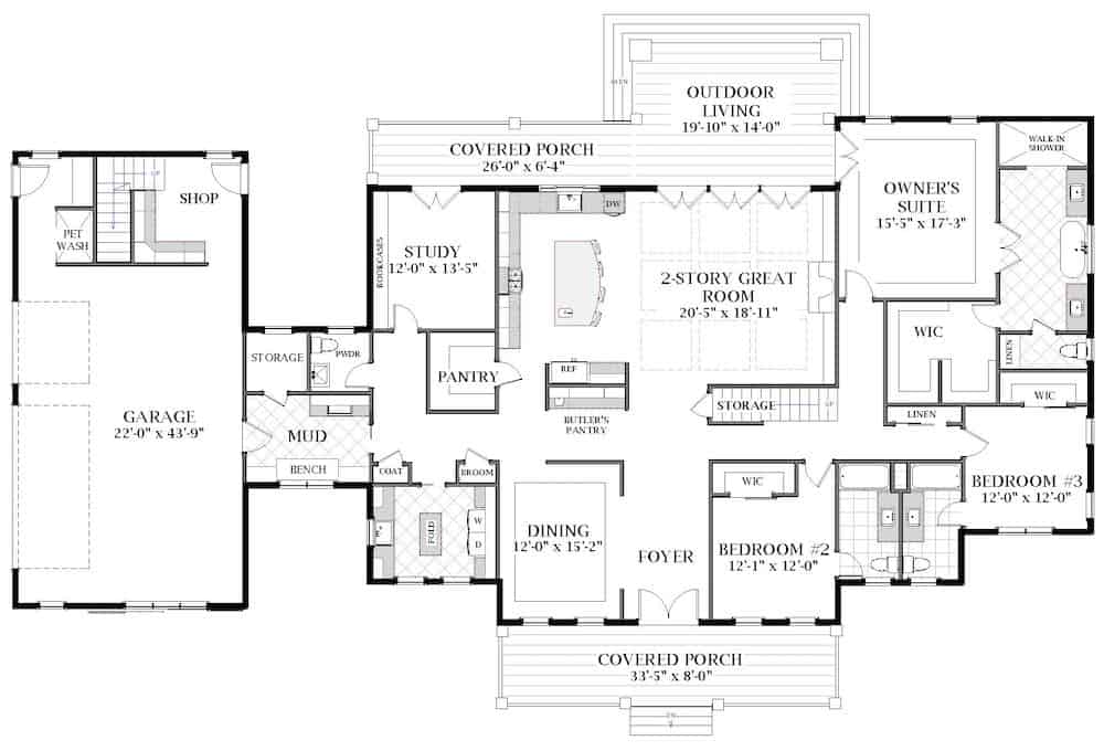 Floor Plan Main Level of Farmhouse Plan #189-1140