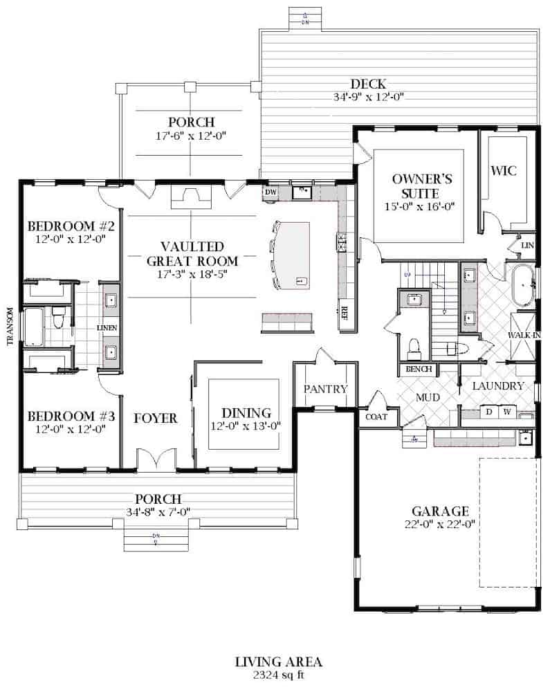 Floor Plan Main Level of Farmhouse Plan #189-1141
