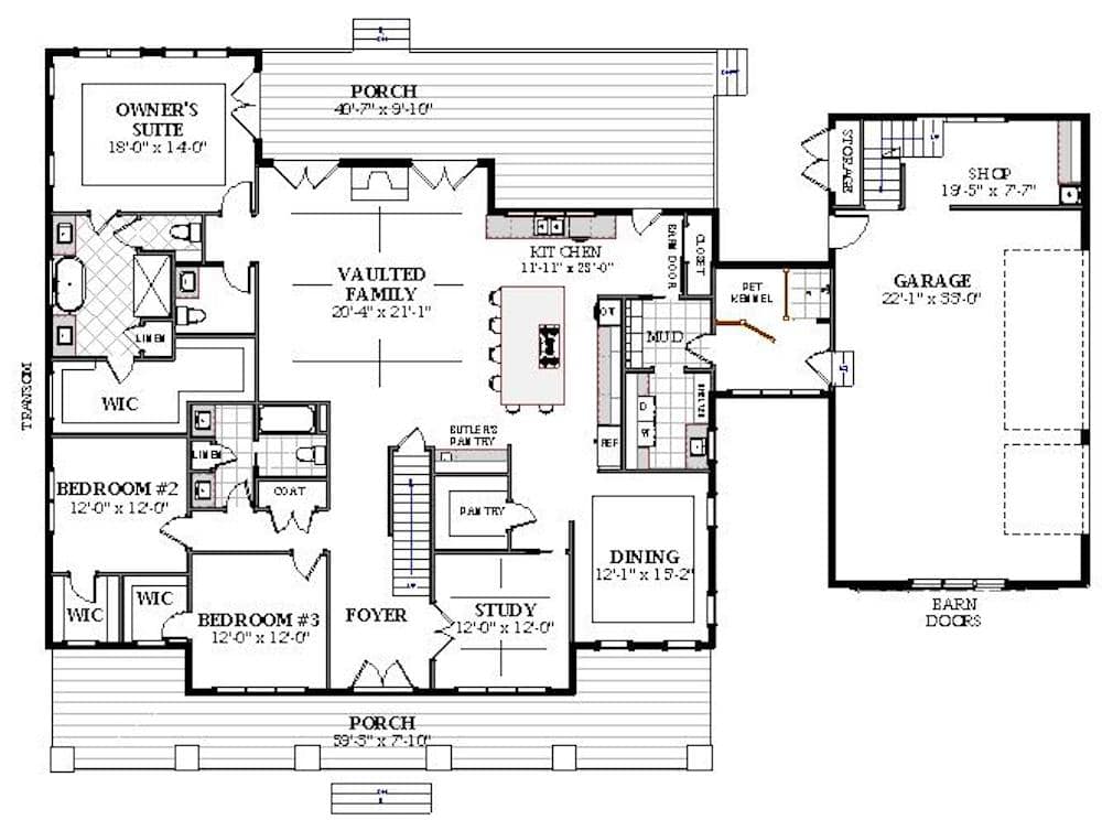 Main Level of Farmhouse Plan #189-1160