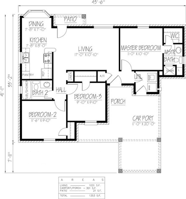 Floor Plan First Story of Southwest Plan #191-1021