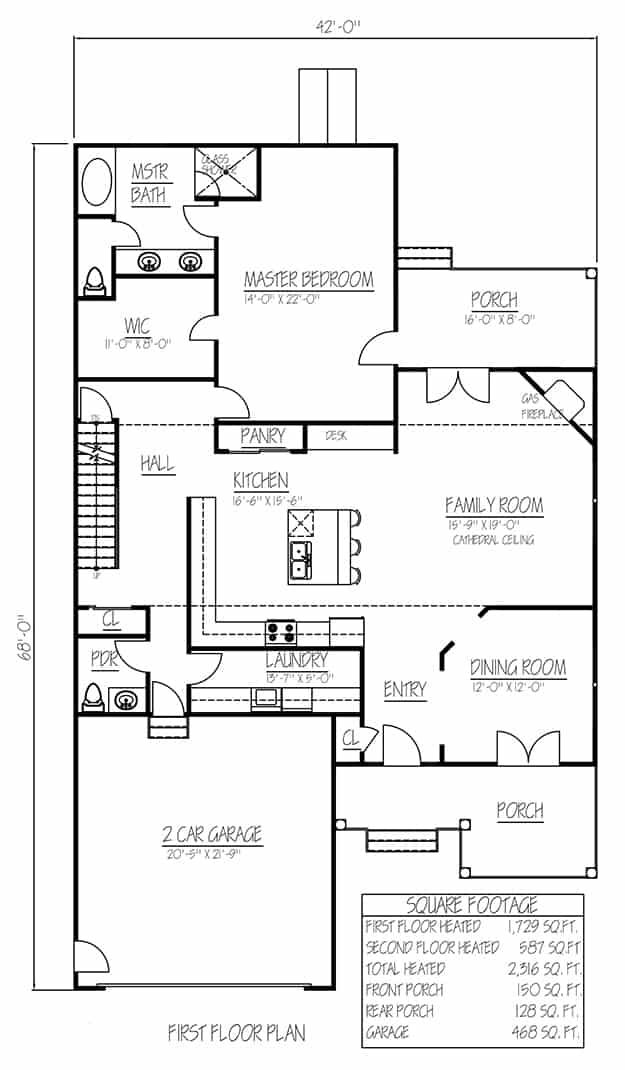 Floor Plan Main Level of Farmhouse Plan #191-1028