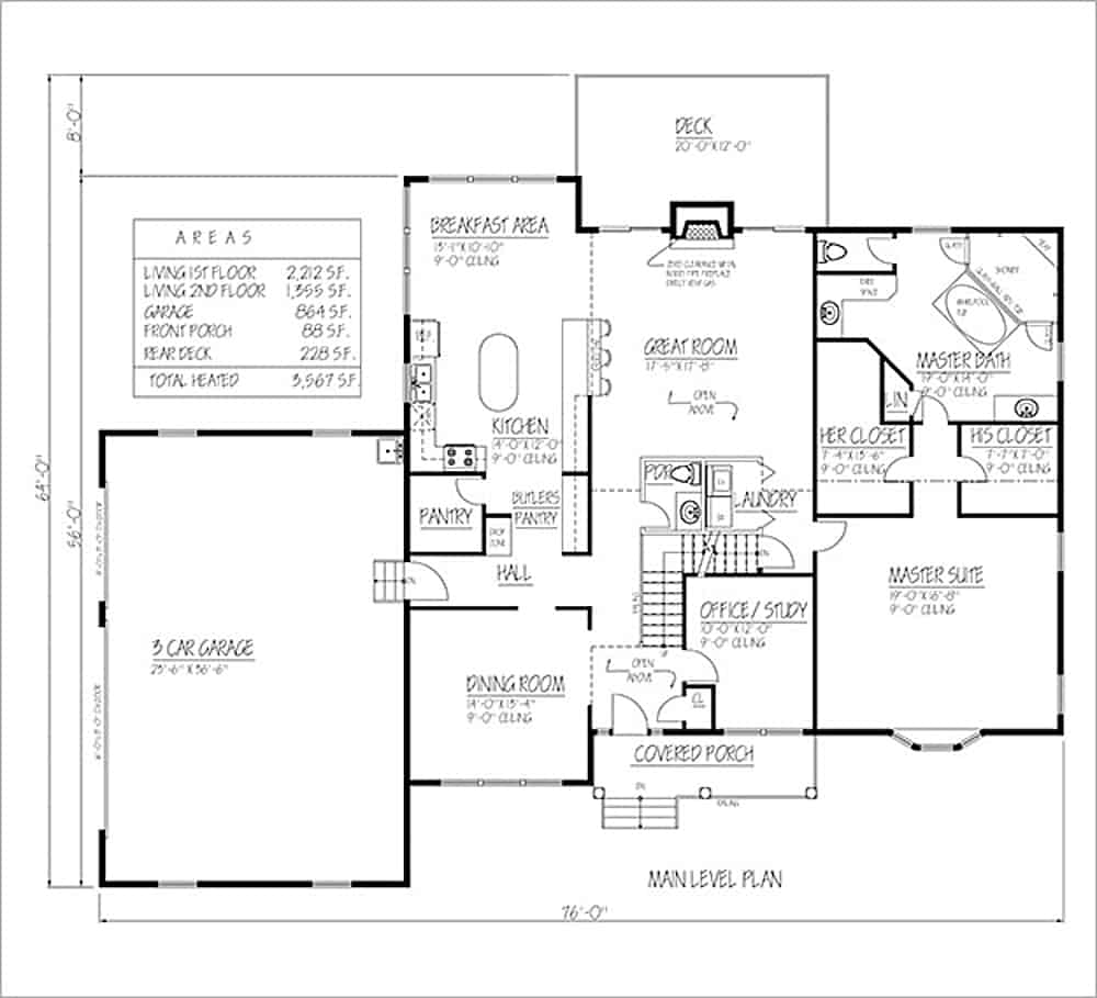 Floor Plan Main Level of Farmhouse Plan #191-1035