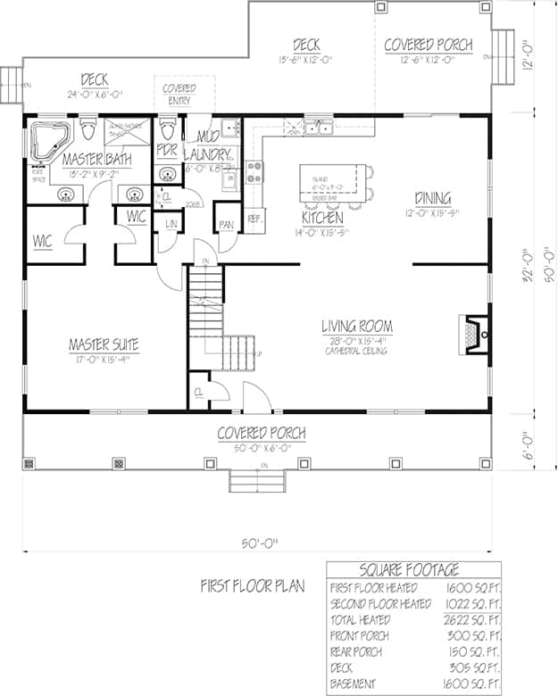 Floor Plan Main Level of Farmhouse Plan #191-1036