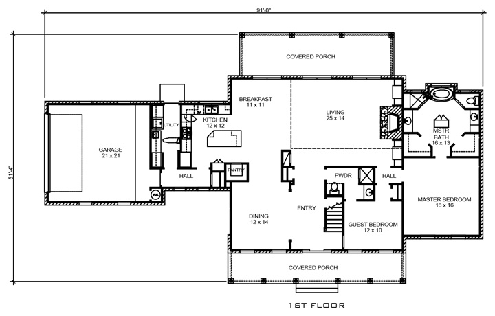 Floor Plan First Story of Southern Plan #192-1013