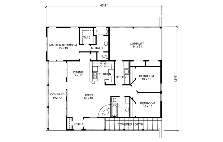 Floor Plan First Story of Southwest Plan #192-1014