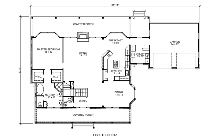 Floor Plan First Story of Country Plan #192-1019