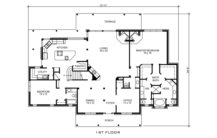 Floor Plan First Story of Country Plan #192-1036