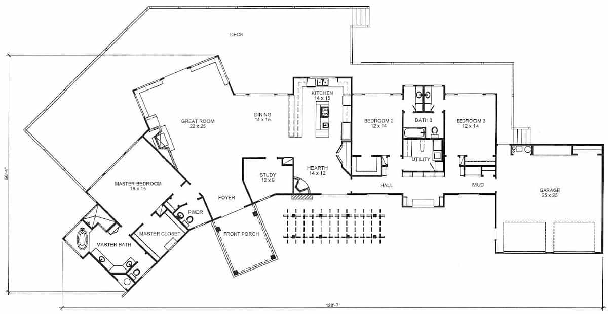 Floor Plan Main Level of Ranch Plan #192-1057