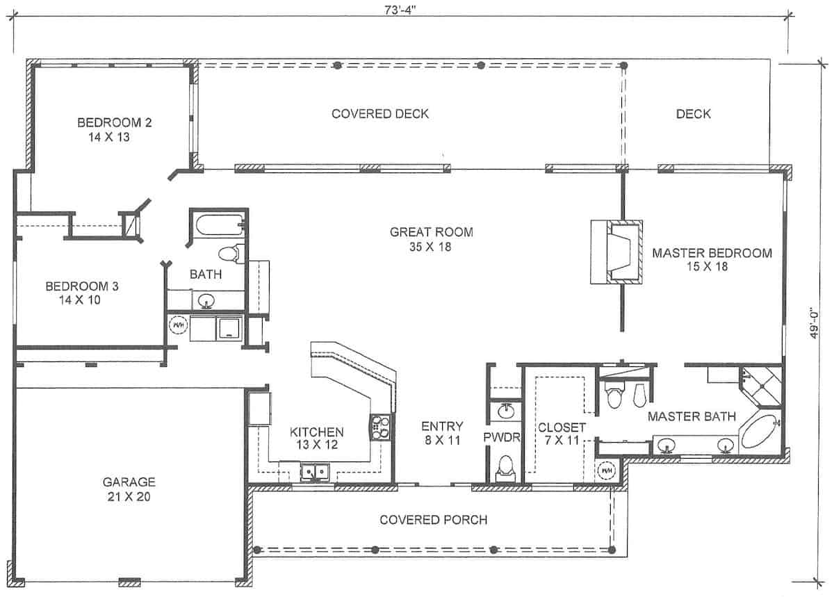 Floor Plan Main Level of Ranch Plan #192-1062