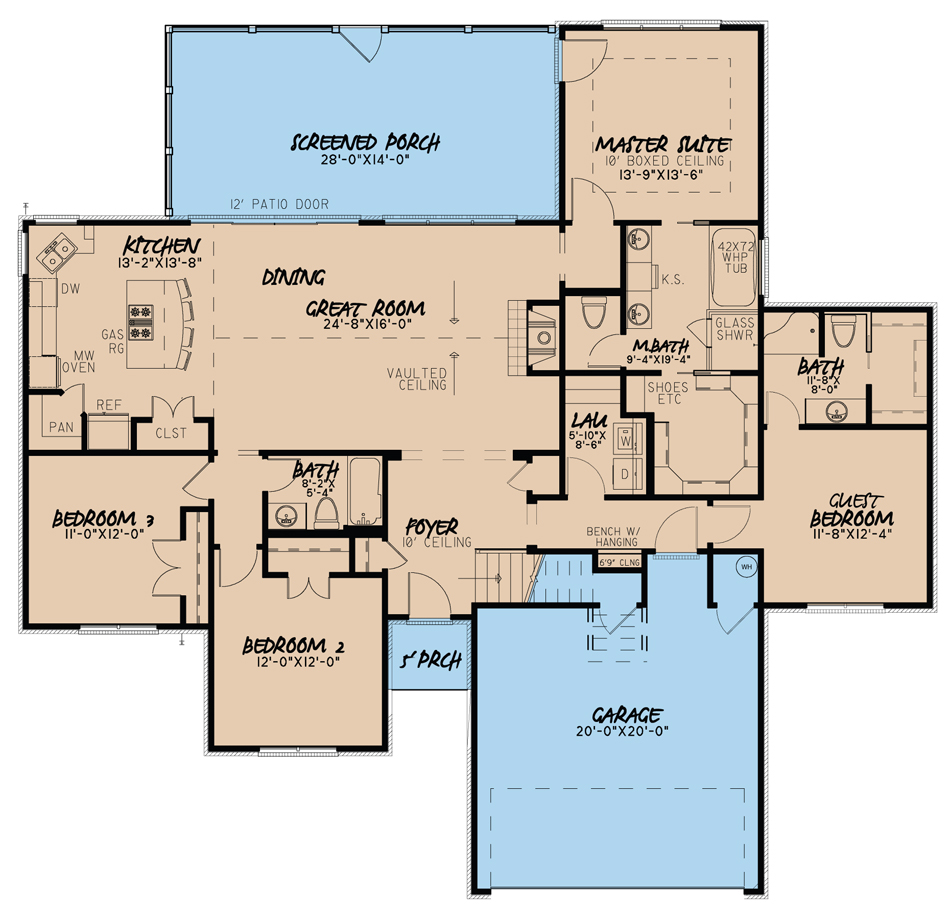 Floor Plan First Story of Southern Plan #193-1038