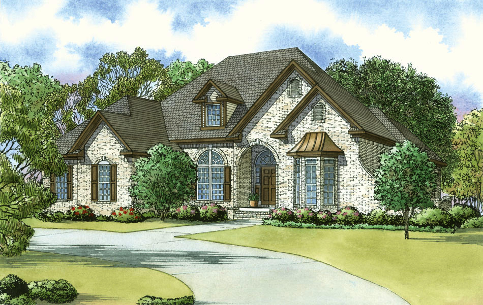 Color rendering of French home plan (ThePlanCollection: House Plan #193-1040)