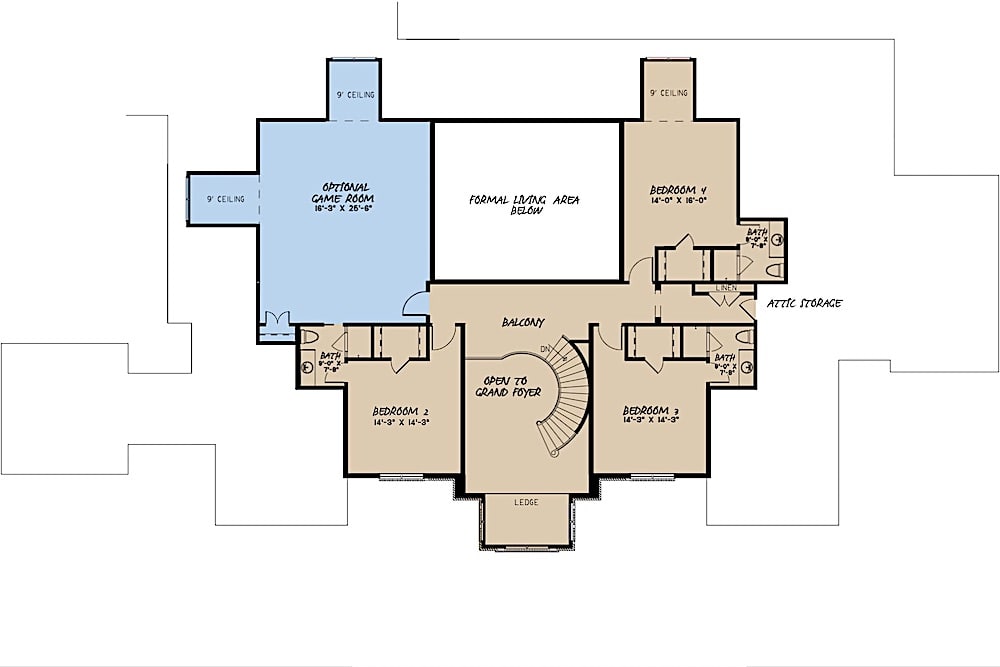 Floor Plan Upper Level of European Plan #193-1074
