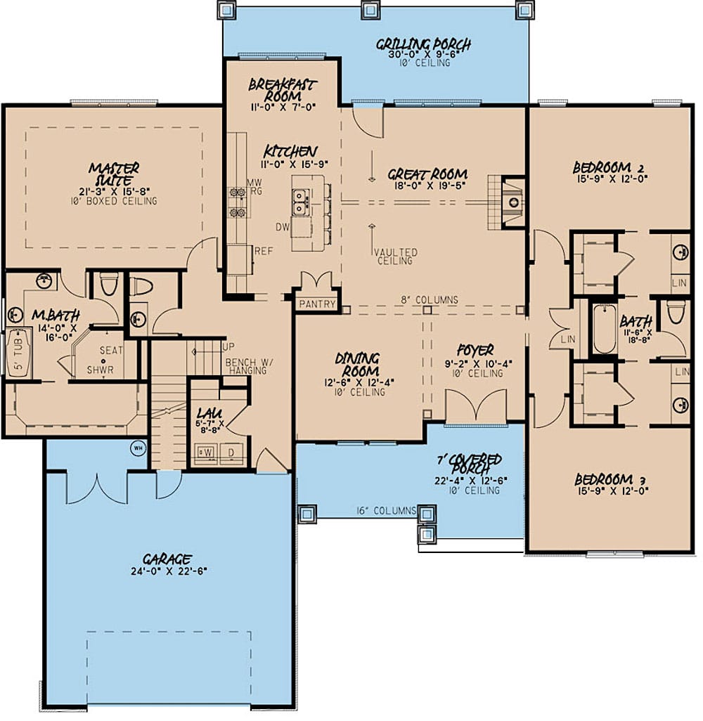 Floor Plan Main Level of Ranch Plan #193-1080