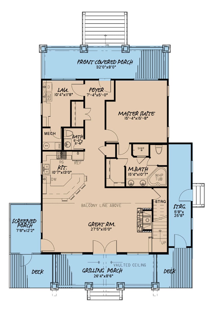 Floor Plan Main Level of Farmhouse Plan #193-1082