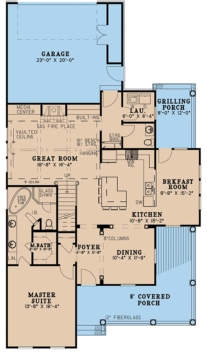 Floor Plan Main Level of Farmhouse Plan #193-1088