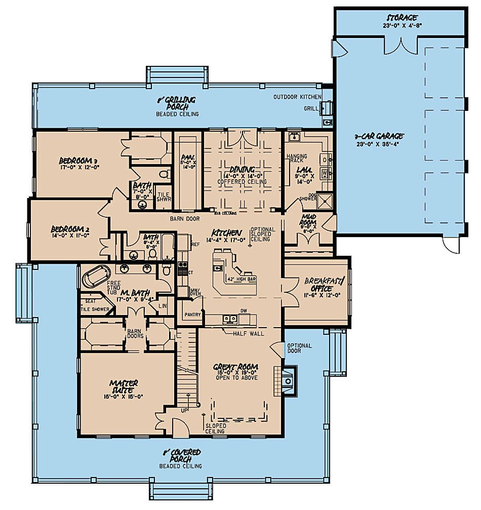 Floor Plan Main Level of Farmhouse Plan #193-1089