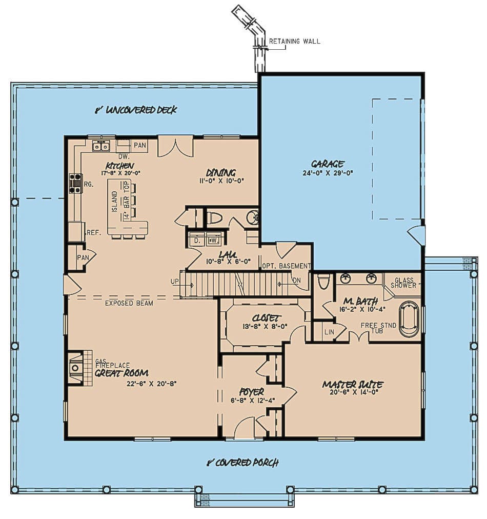 Floor Plan Main Level of Farmhouse Plan #193-1090