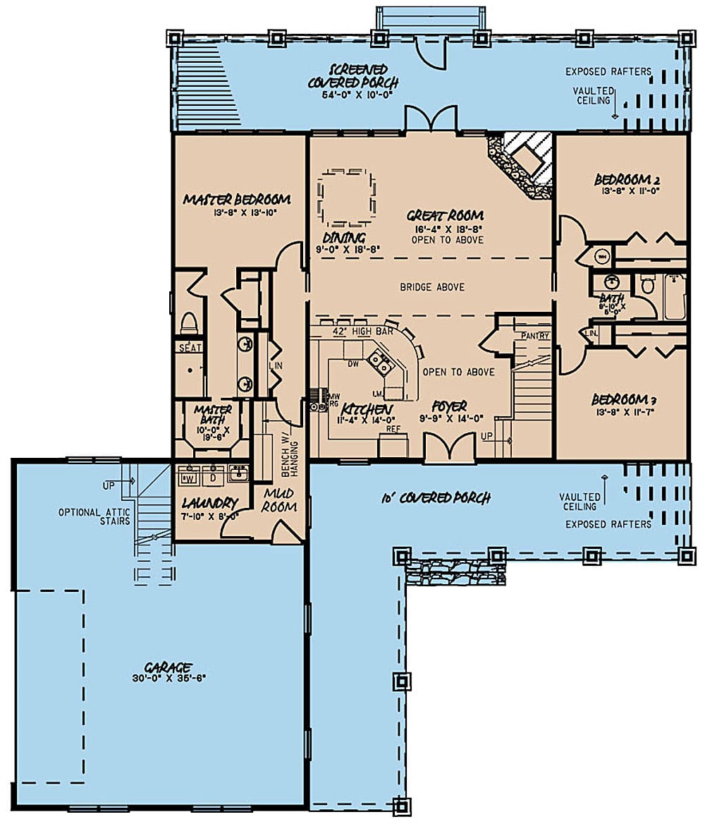 Floor Plan Main Level of Farmhouse Plan #193-1092