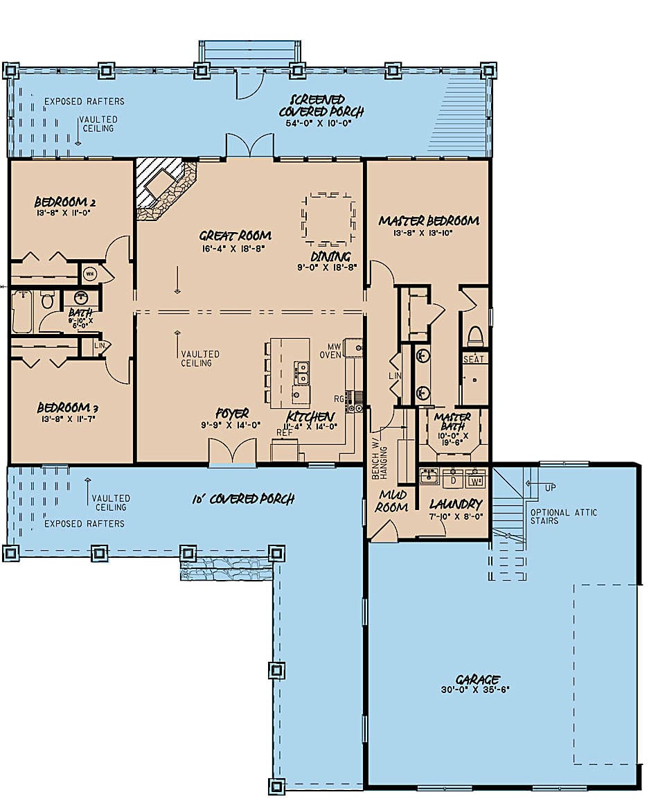 Floor Plan Main Level of Ranch Plan #193-1093