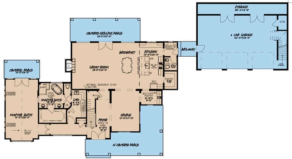 Floor Plan Main Level of Farmhouse Plan #193-1097