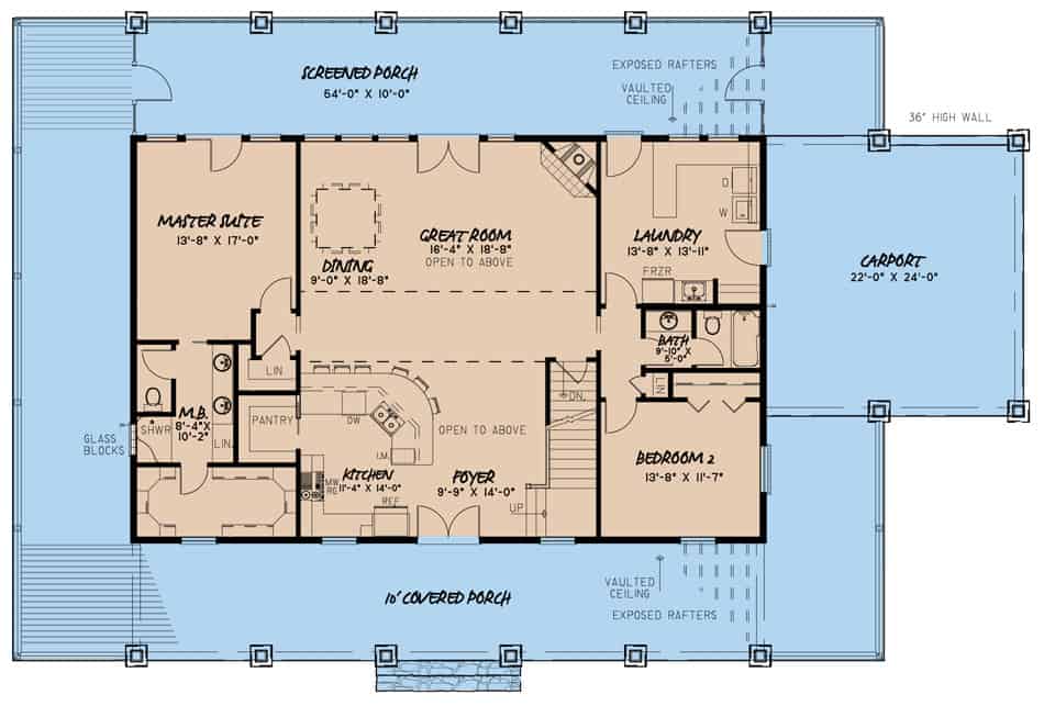 Floor Plan Main Level of Farmhouse Plan #193-1098