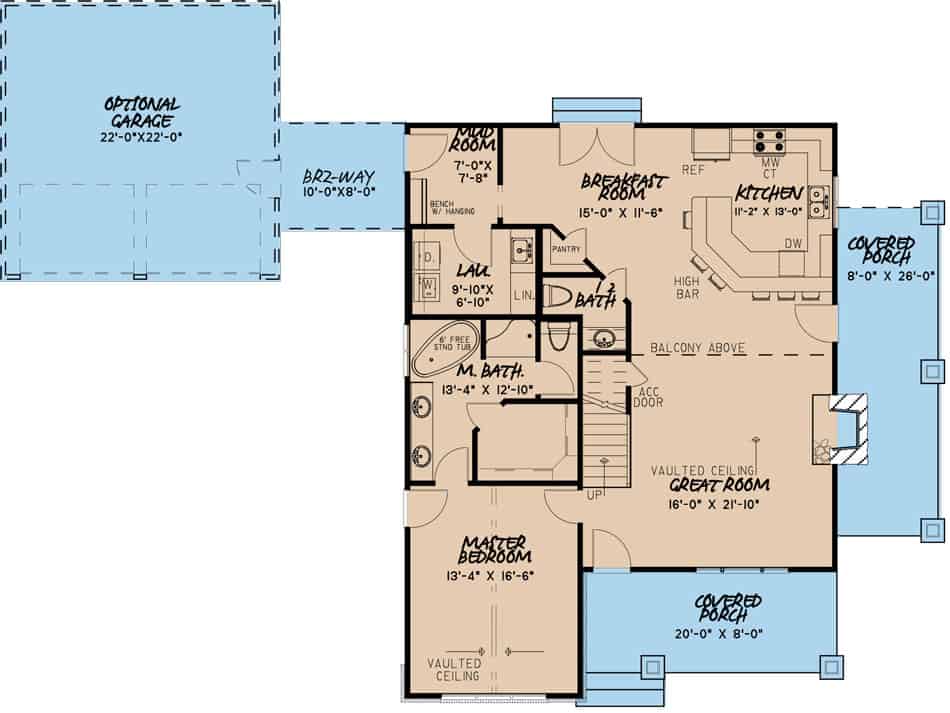 Floor Plan Main Level of Cottage Plan #193-1103