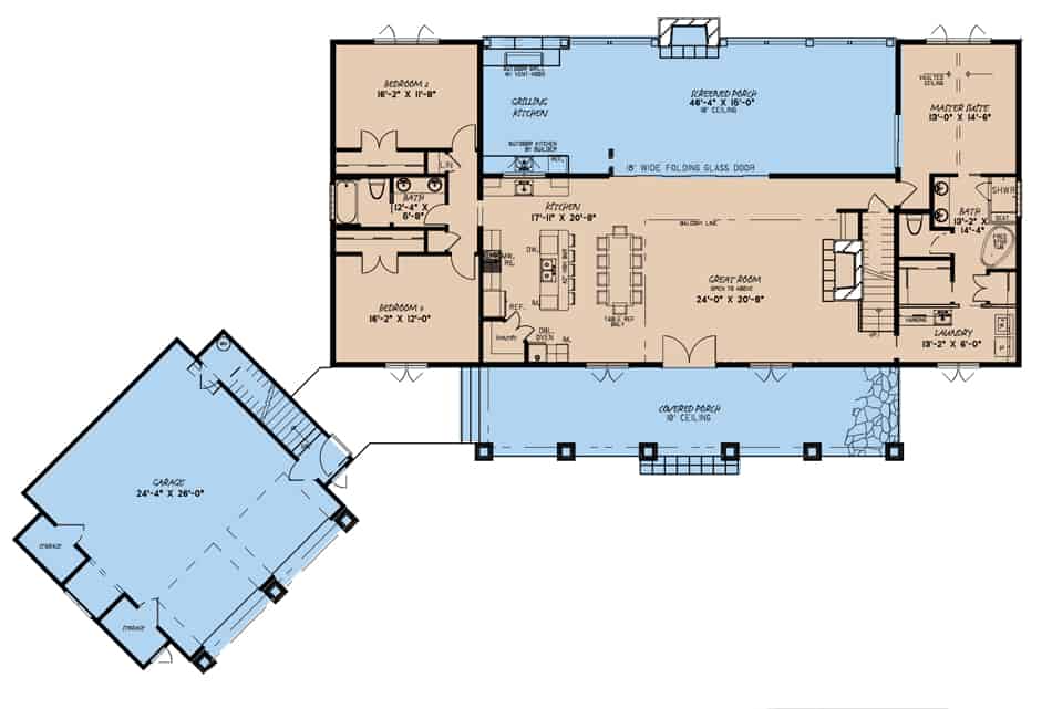 Floor Plan Main Level of Farmhouse Plan #193-1105