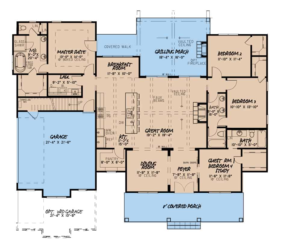 Floor Plan Main Level of Farmhouse Plan #193-1106