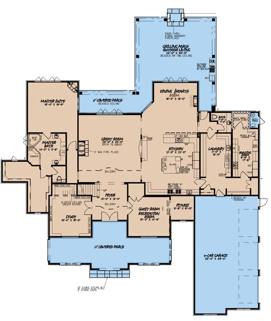 Floor Plan Main Level of Acadian Plan #193-1107