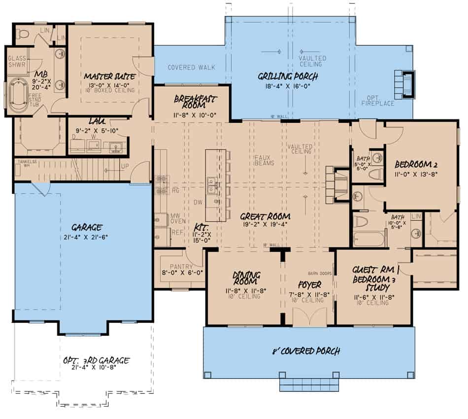 Main Level of Farmhouse Plan #193-1109